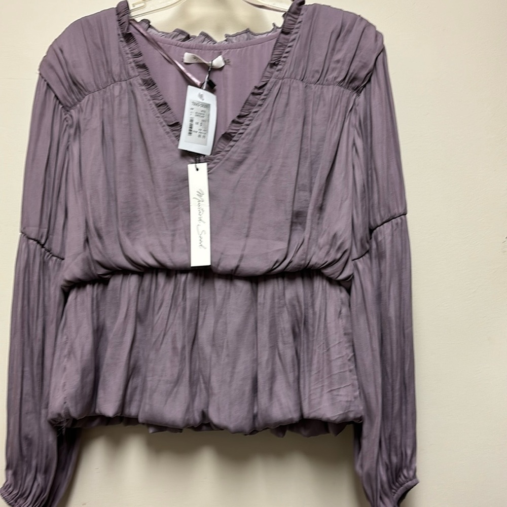 Mustard Seed Tiered Top Blouse Long Sleeve S Lavender $58  Lined V-Neck NWT